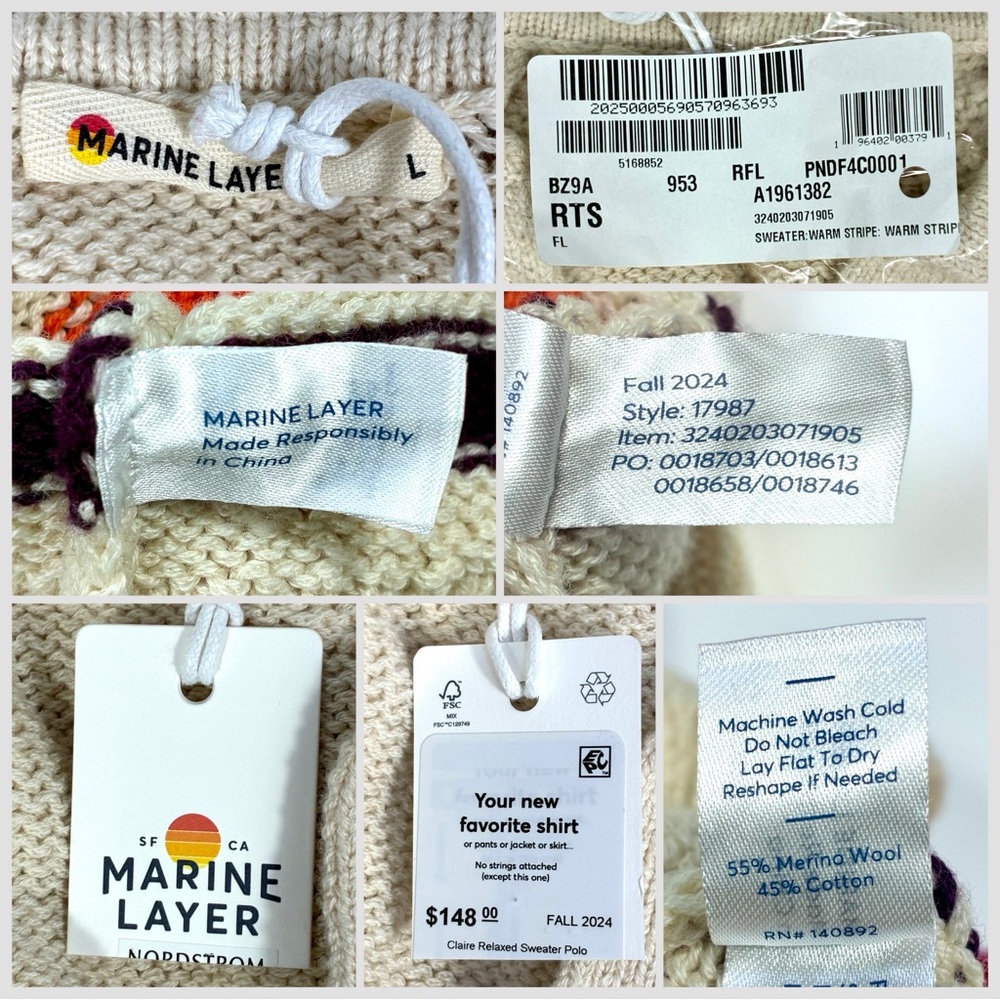 Marine Layer Claire Relaxed Sweater Polo Merino Wool Cotton L Warm Stripe NWT - Picture 7 of 16